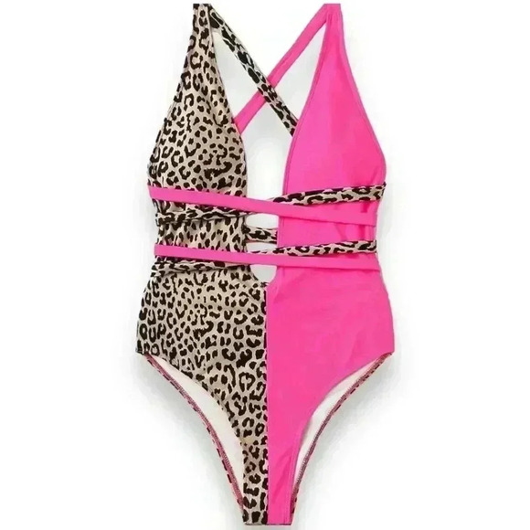Shein One Piece Swimsuit Contrasting Pink and Leopard Plunging Front Self Tie - Picture 1 of 8